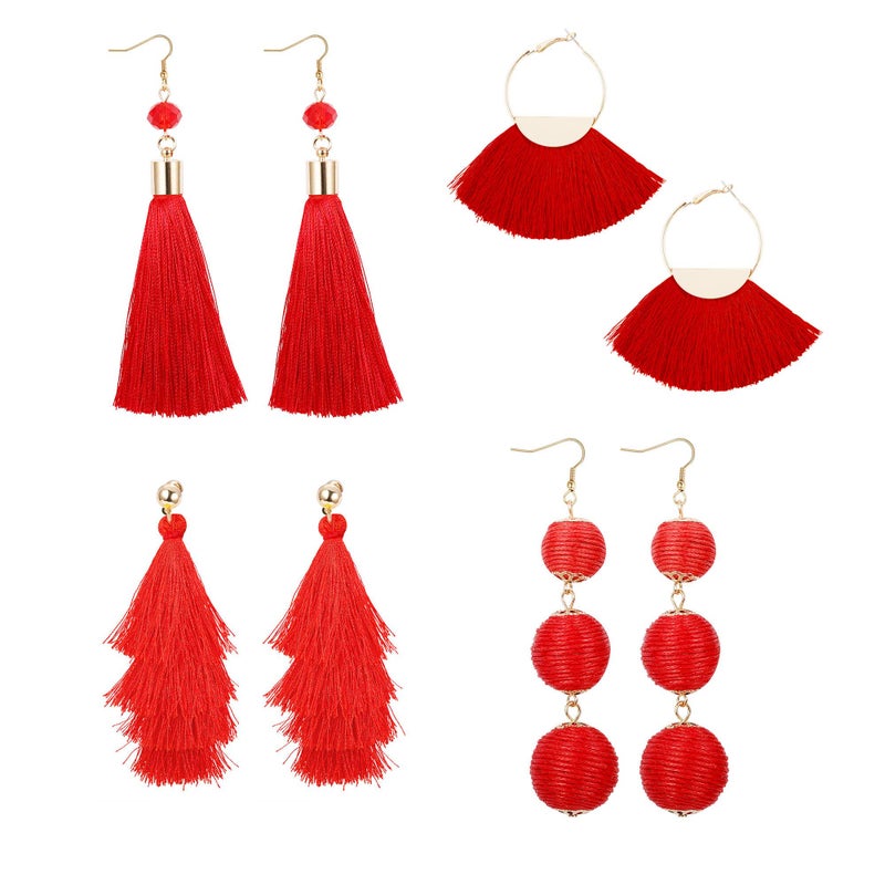 LOYALLOOK Red Tassel Earrings For Women Fan Shape Tassel Earrings Long Thread Tassel Earrings Set for Women Dangling - Image 1